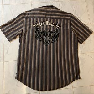 Harley-Davidson Men's Striped Shirt - Black and Brown. Embroidered.  EUC!